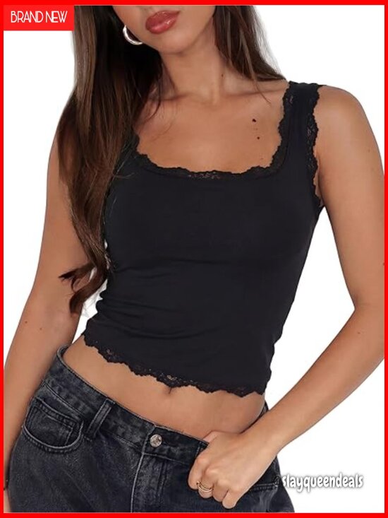 Tops - Padded Lace Crop Tank Top Square Neck Double Lined Going Out Top